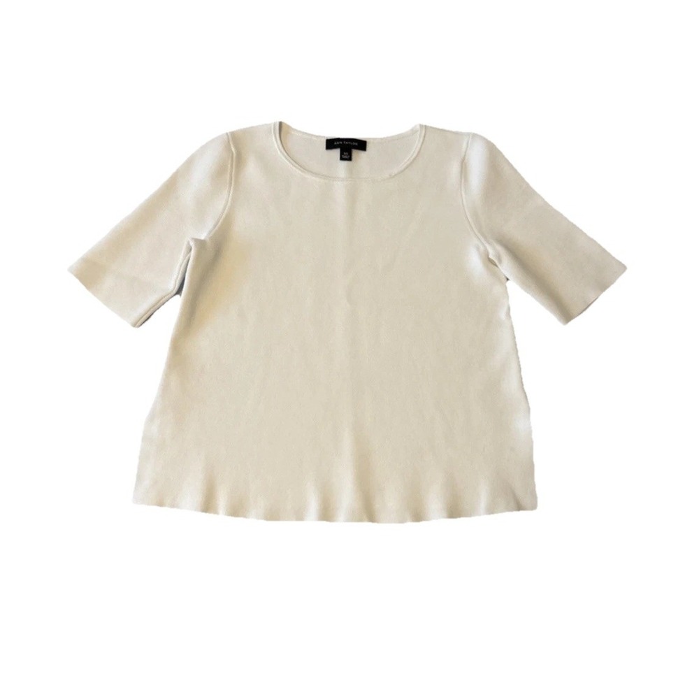 Ann Taylor Neutral White Knit Elbow Sleeve Sweater Top Women's XS Capsule Staple